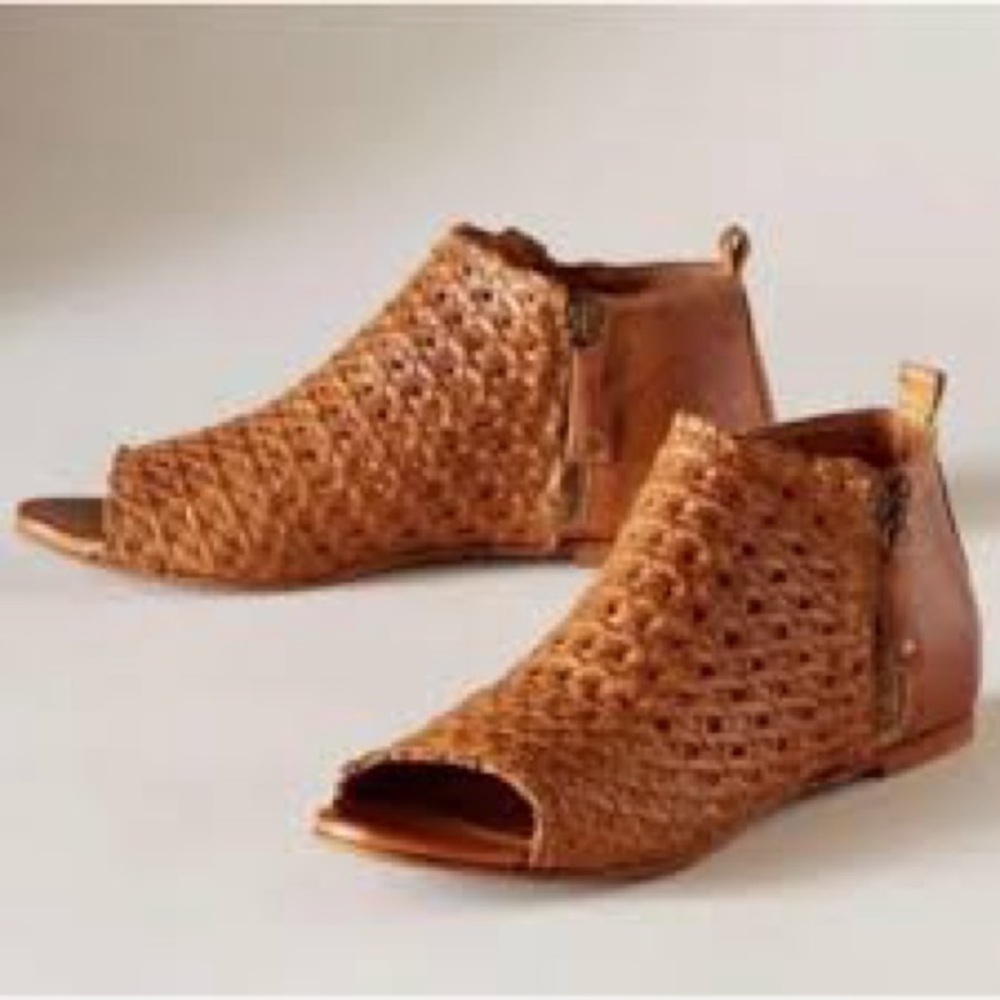 Sundance Woven Leather Peep Toe by Booties Cognac Back Zip Boho Women’s 38/7.5 - Picture 3 of 16